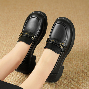 白色乐福鞋女真皮软底不累脚厚底粗跟软皮女士皮鞋春秋款单鞋中跟