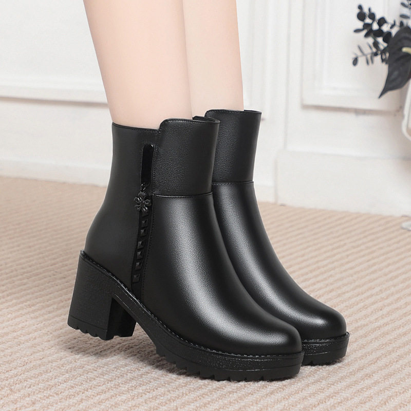 冬季中年妈妈棉鞋高跟保暖冬靴真皮加绒加厚羊毛靴粗跟厚底短靴女