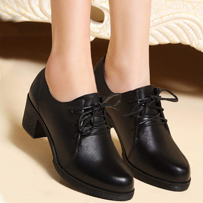 真皮吉尔达新款女鞋软底中跟女单鞋粗跟妈妈鞋系带女士皮鞋工作鞋