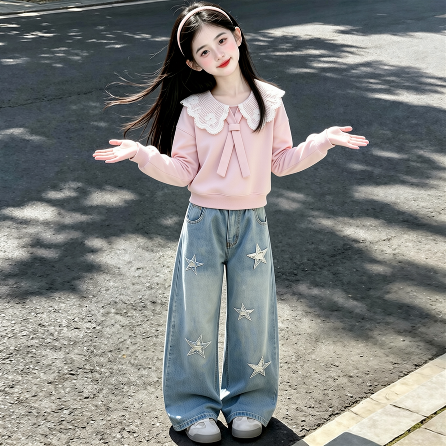 女童甜美风蕾丝领卫衣破洞星星牛仔裤套装秋季洋气儿童休闲两件套