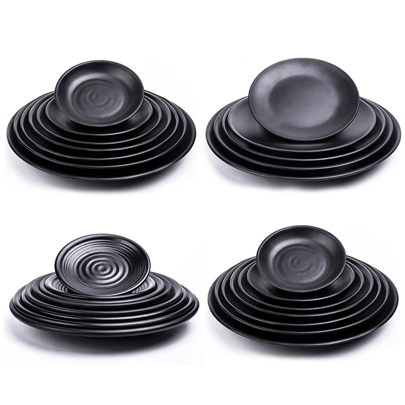 密胺餐具黑色快餐烧烤圆盘塑料菜盘磨砂烤肉浅盘圆形盘子火锅餐盘