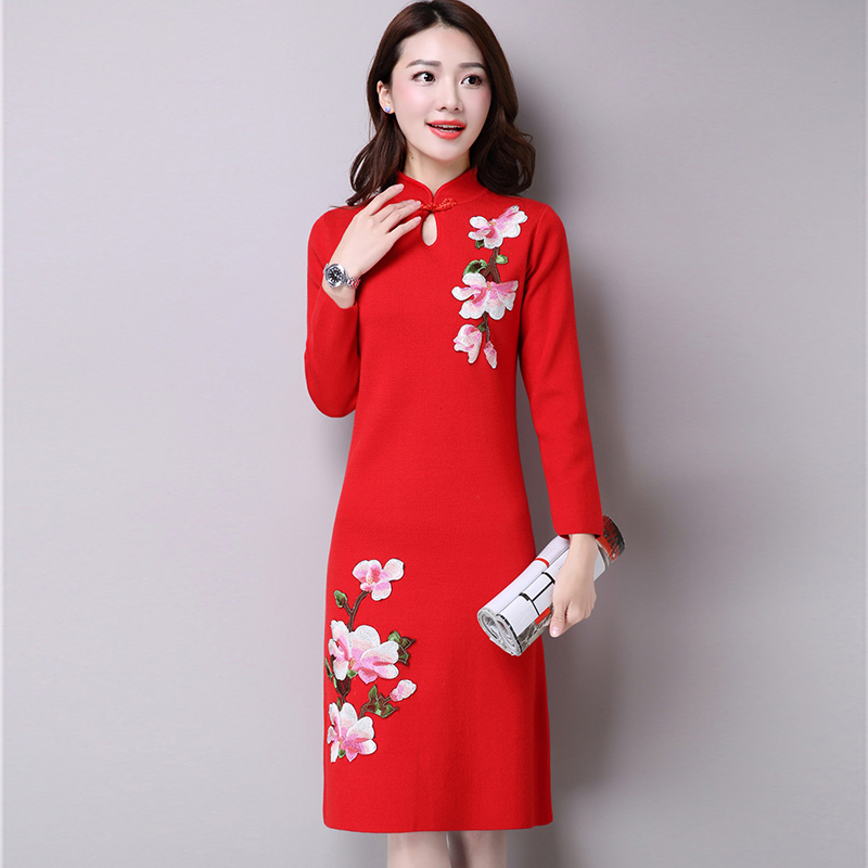 旗袍针织连衣裙大码喜庆婚宴礼服