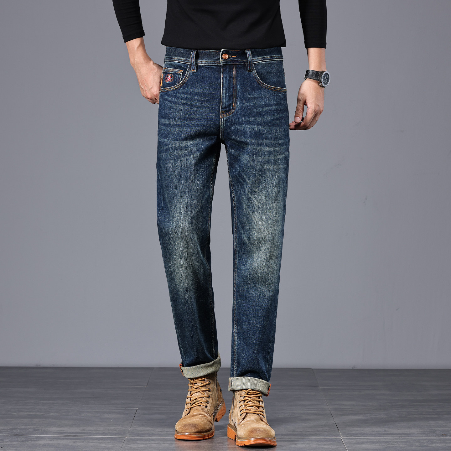 外贸高品质秋冬新款深蓝色牛仔裤男士修身小直筒韩版男装裤子弹力