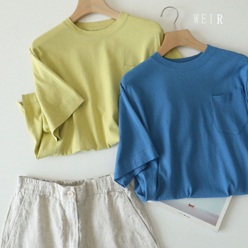 weir复古强捻针织棉纯色百搭宽松舒适短袖套头口袋T恤24秋日系