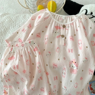 可爱HelloKitty睡衣女童云朵棉夏季新款短袖甜美粉色家居服两件套