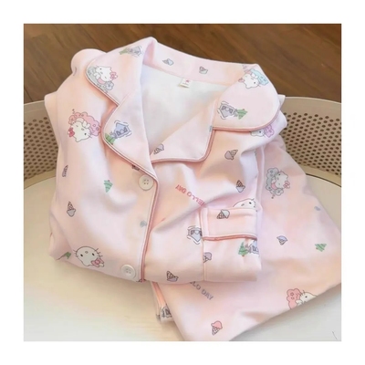 新款可爱卡通凯蒂猫印花德绒睡衣女亲子装中大童高颜值家居服套装