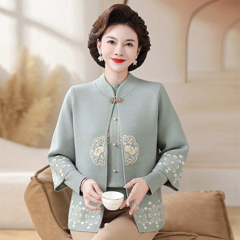 妈妈装春款新中式针织两件套红色旗袍领衣服中老年女装毛衣外套50