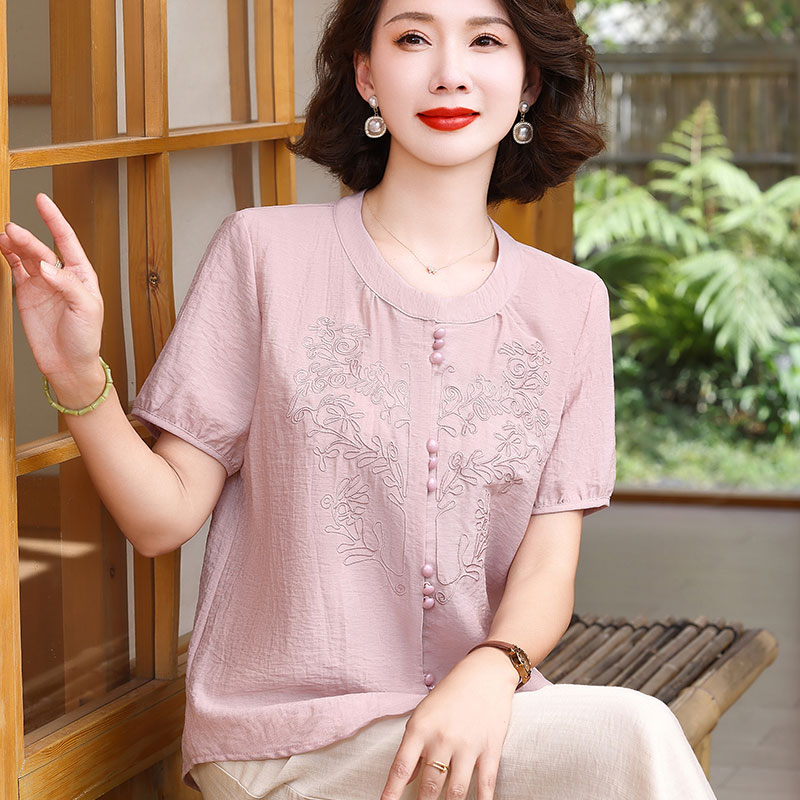 新款妈妈夏装棉麻短袖套装女中老年国风洋气T恤衬衫两件套母亲节