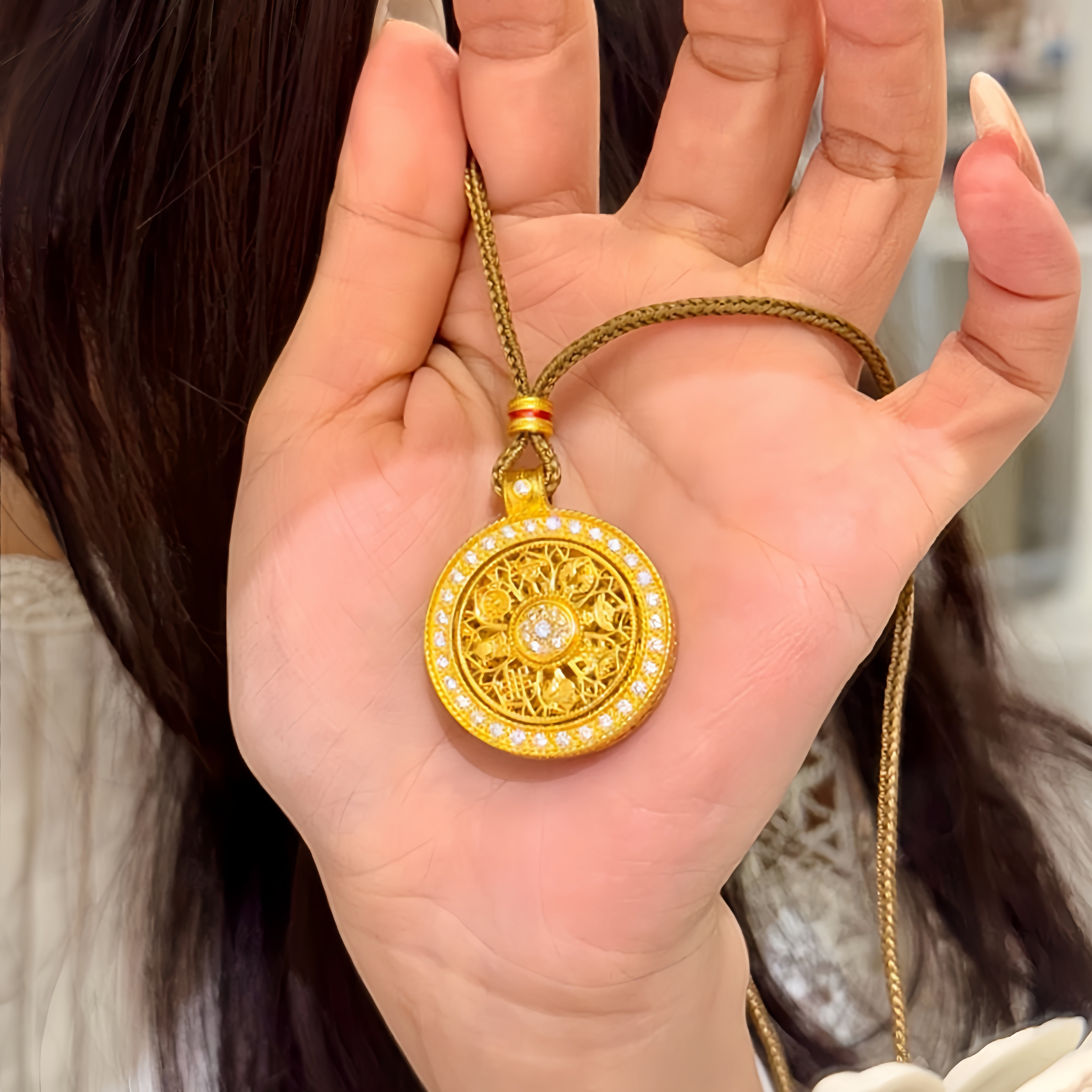 古法满钻八罗宝盘项链时来运转吊坠女仿真黄金色编织绳项链锁骨链