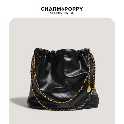 CHARMPOPPY 菱格链条包女大容量22bag垃圾袋褶皱通勤包腋下托特包