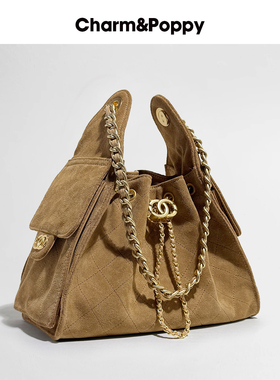 CHARMPOPPY 抽绳菱格链条腋下包女25C磨砂皮Hobo包通勤单肩托特包