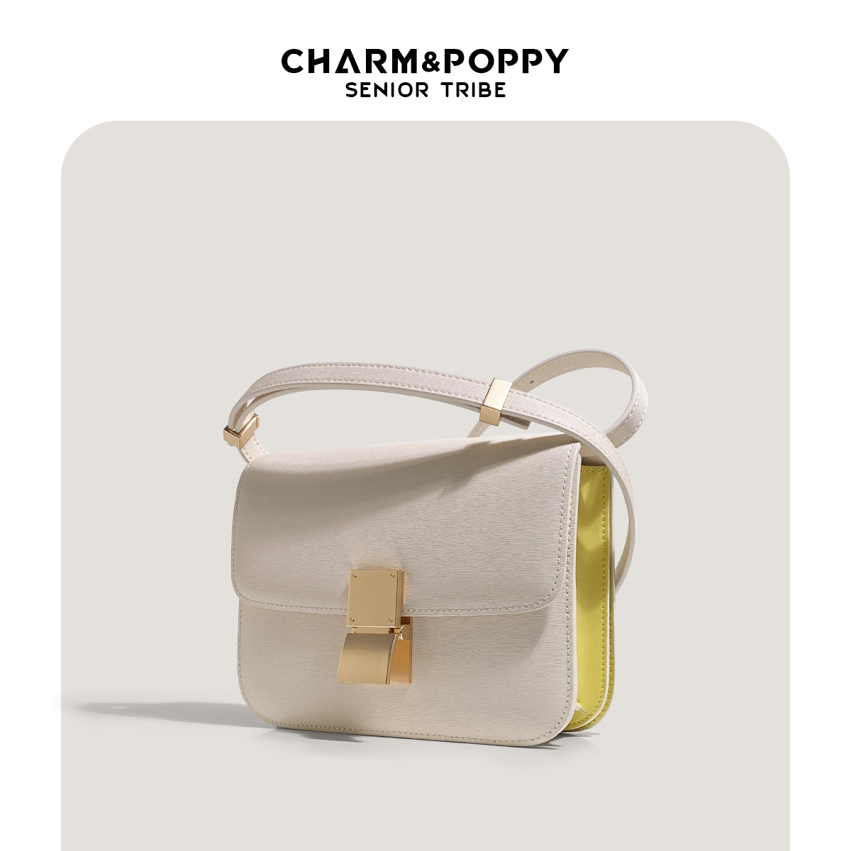 CHARMPOPPY 牛皮手搓纹拼色豆腐包单肩斜挎腋下小方包女box包