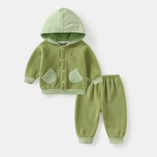 秋冬装男童女童新生儿宝宝婴儿卫衣连帽分体小童保暖加绒套装春天