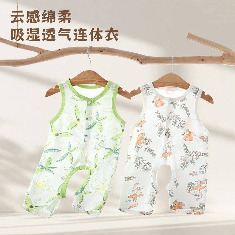 夏纯棉薄款婴儿无袖哈衣卡通爬服