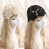 帽子女春夏韩版 镂空透气遮阳手工针织帽毛线贝雷帽甜美包头帽 薄款