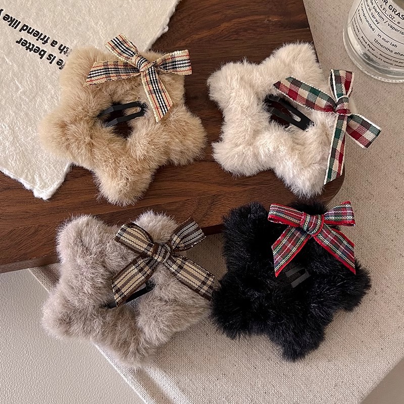 蝴蝶结星星毛绒发夹女冬季侧边刘海夹后脑勺碎发bb头饰前额五角