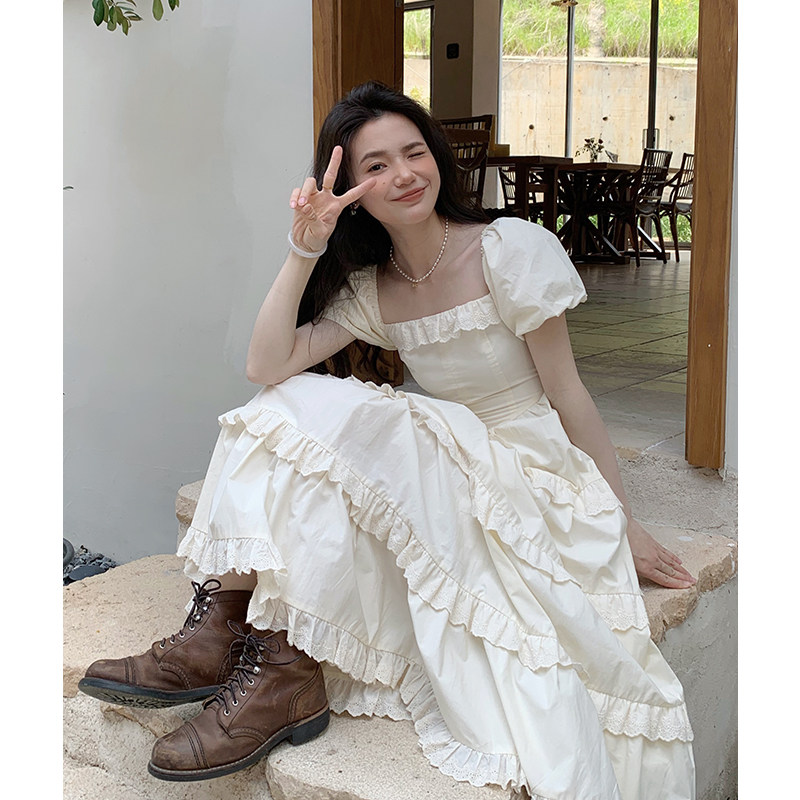 芒岁法式减龄连衣裙花边领短袖修身中长裙甜美蛋糕裙荷叶边裙夏季