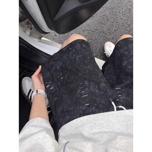 美式潮牌扎染破洞五分短裤男
