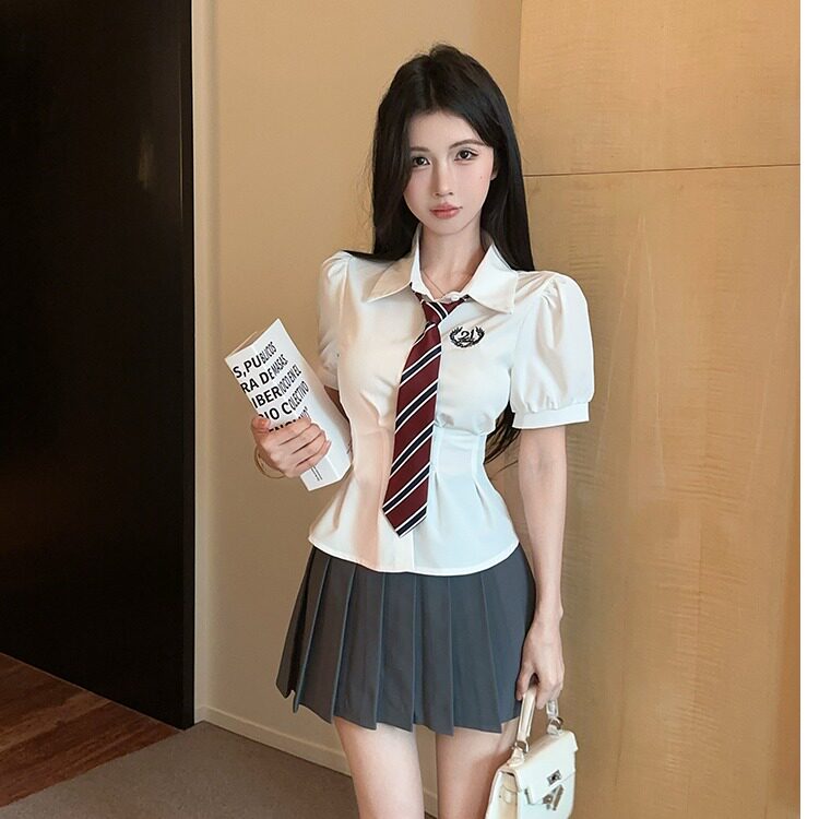 夏季学院jk制服收腰泡泡短袖白色衬衫百褶裙辣妹套装