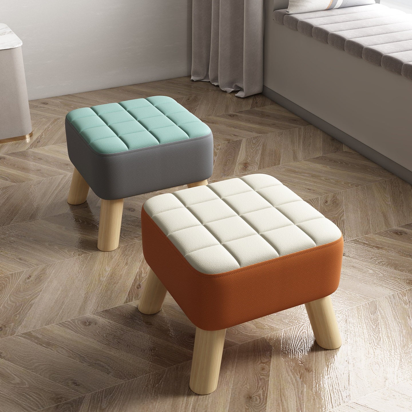 科技布软包加厚坐面轻奢方凳矮凳