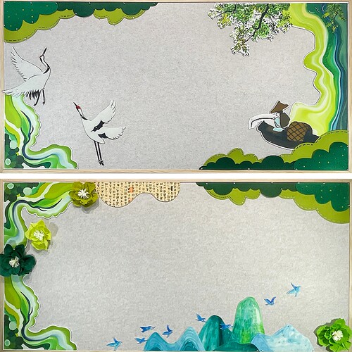 新中式山水花鸟黑板报边框墙贴