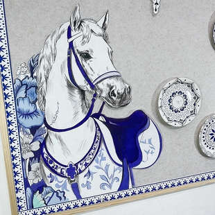 饰画无纺布墙贴墙饰贴画 手绘白马青花瓷边框壁饰幼儿园马年环创装