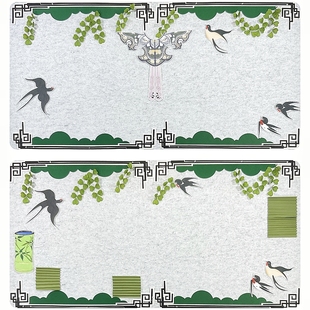 春天中式国风绿色水墨竹子云肩主题墙贴毛毡幼儿园环创背景墙材料