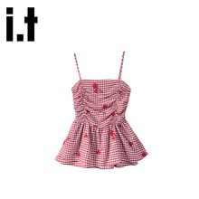 it:CHOCOOLATE 夏日少女感红色格纹吊带上衣女独特裙摆无袖小衫潮
