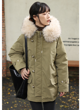 无拘2025年秋冬新款中长款加厚连帽棉衣女设计感保暖大毛领羽绒服