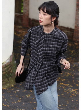 无拘2025年秋冬新款通勤休闲长袖宽松上衣小众设计感飘带格纹衬衫