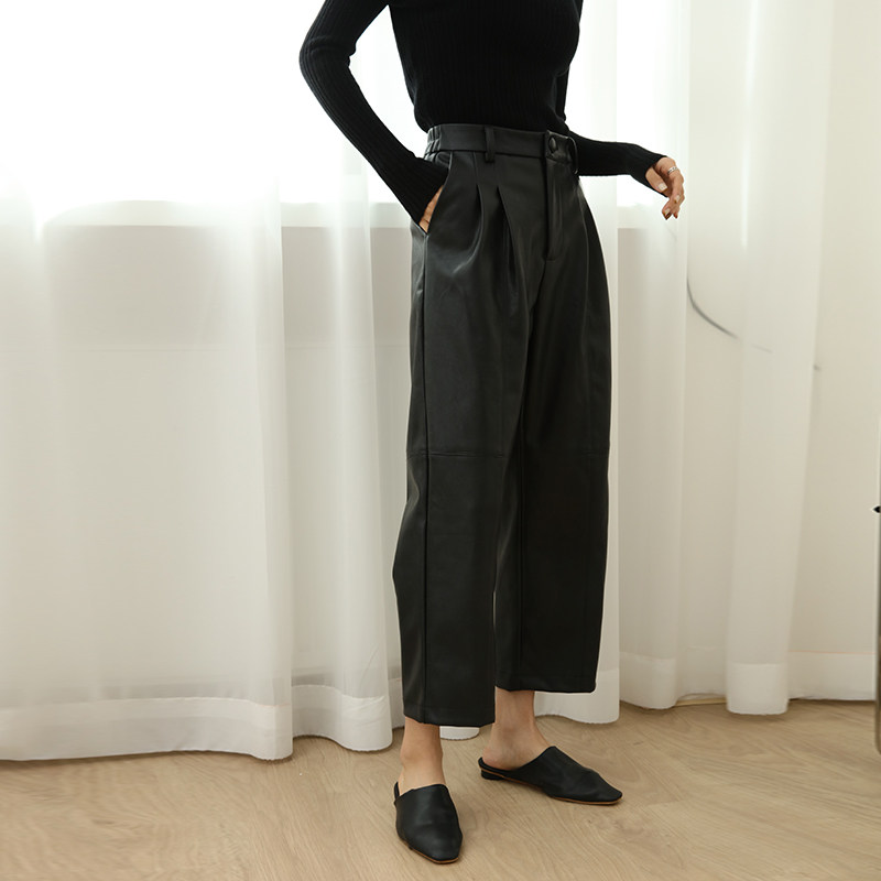 无拘阔腿裤九分PU皮裤女黑色春秋新款时尚高腰显瘦直筒裤宽松裤子,女装/女士精品,休闲裤,淘宝优惠券,粉丝福利购,淘宝优惠卷