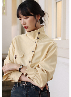 无拘2025年冬季新款休闲通勤长袖上衣开衫小众设计感立领质感衬衫