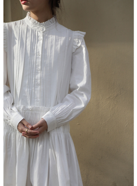 无拘2025年春季荷叶边长袖女裙宫廷灯笼袖高腰长裙小立领连衣裙