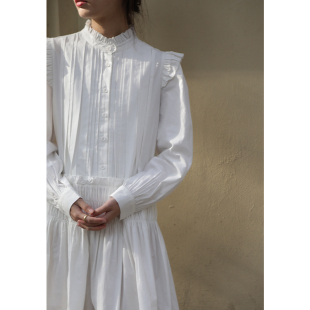 高腰长裙小立领连衣裙 女裙古典复古宫廷灯笼袖 无拘春季 荷叶边长袖