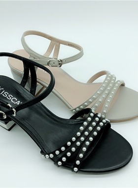 KISSCAT接吻猫2018夏时尚雅致珍珠胎牛皮中跟凉鞋女鞋KA98310-13