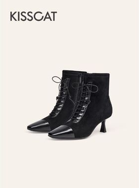 接吻猫高跟靴2025新方头复古美拉德马丁时装靴女KA65713-10