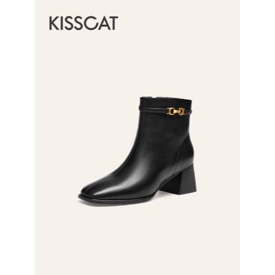 接吻猫2025冬老钱质感时装靴方头黑色高跟靴粗跟短靴女KA65788-10