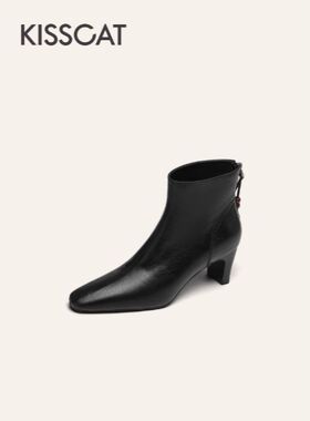 接吻猫牛皮靴2025新气质尖头短靴黑色时装靴瘦瘦靴KA65799-11