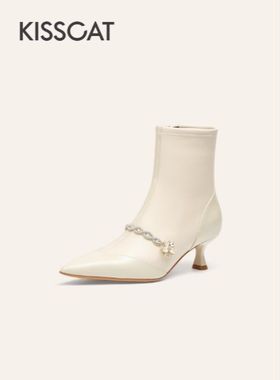 接吻猫2025冬优雅玛丽珍靴细跟中筒时装靴白色高跟靴女KA65709-14