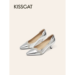 接吻猫2026春新晚宴高跟鞋尖头婚鞋舒适白色单鞋女K76120A-13