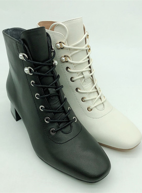 KISSCAT/接吻猫2021秋季新款羊皮粗跟绑带时尚女短靴子KA21527-10