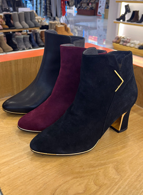 接吻猫冬季新款牛皮时尚百搭粗跟中跟女短靴子KA08704-80