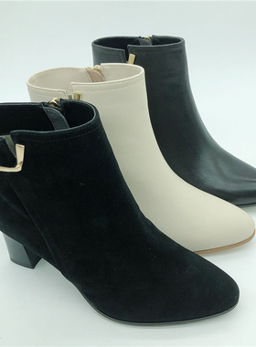 KISSCAT接吻猫2019冬羊绒面牛皮薄绒粗跟圆头短靴女鞋KA09710-12