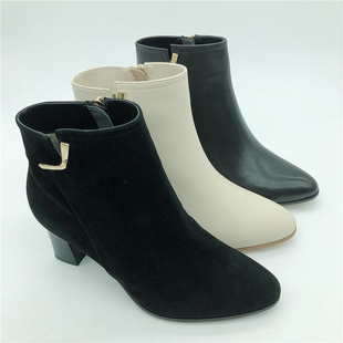 KISSCAT接吻猫2019冬羊绒面牛皮薄绒粗跟圆头短靴女鞋 KA09710