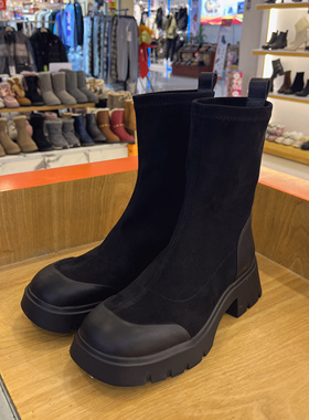 接吻猫2023冬季新款时尚百搭粗跟中跟女短靴子弹力靴女KA43548-50