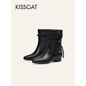 接吻猫流浪风西部靴2025新复古流苏真皮短靴筒靴KA65731