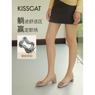 接吻猫[银锭系列]2025春季通勤粗跟高跟鞋气质单鞋女KA65129-11