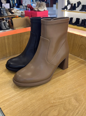 接吻猫2024冬款牛皮粗跟短靴休闲百搭舒适女靴子KA54704-10