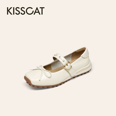 接吻猫2026新款舒适平底鞋方头增高芭蕾舞鞋K76280A-10