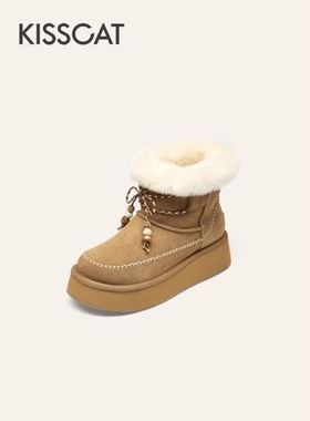 接吻猫2025冬串珠民族风雪地靴保暖棕色中筒靴毛毛靴女KA65793-50